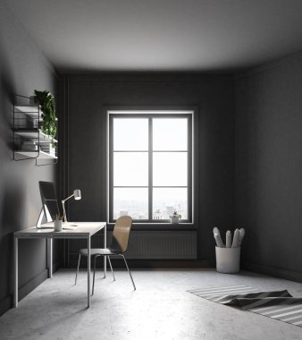 Bir masa ve bir boş bilgisayar ekranında bu büyük bir pencere ile bir hipster odada duran koyu gri ev ofis iç. Yan görüntülemek 3d render sahte
