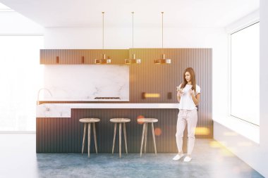 Çatı katı mutfak iç beyaz duvarlar, beton zemin, gri bar ve mutfak tezgahı ile ile kadında aletleri inşa. 3D render sahte tonlu görüntü