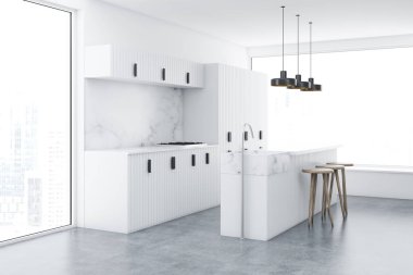 Çatı katı mutfak köşe beyaz duvarlar, beton zemin, beyaz çubuğu ve yerleşik aletleri ile mutfak tezgahı ile. 3D render alay