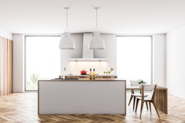 Beyaz duvarları, ahşap zemin ve mutfak tezgahı ile olan çatı katı mutfak aletleri ve bir masa sandalye ile inşa. 3D render alay