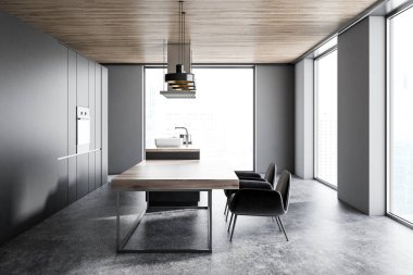 Çatı katı mutfak koyu gri duvarlar, beton zemin ve yerleşik aletleri ile gri mutfak tezgahı ve sandalye ile bir tablo. 3D render alay