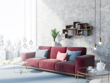 Katta, kırmızı bir kanepe ve raflardan Beton çatı katında salon köşe bir halı ile. 3D render alay