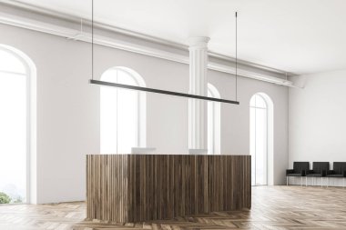 Windows office köşe bir ahşap Resepsiyon konumu olan bir ahşap zemin üzerinde kemerli. Beyaz duvarları ve sütunlar. 3D render alay