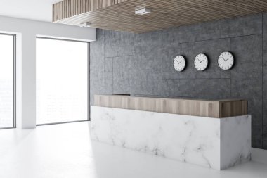 Mermer ve ahşap resepsiyon masası modern bir ofiste ayakta beyaz zemin, gri duvarlar ile onları ve panoramik Windows saatlerle lobi. 3D render alay