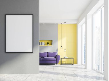 Çatı katında salon iç bir beton zemin, bir karanlık purble kanepe ve bir dikey poster çerçeve 3d render sahte kadar gri