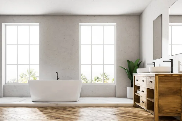 Interior Baño Lujo Blanco Con Suelo Madera Bañera Blanca Lavabo —  Fotos de Stock