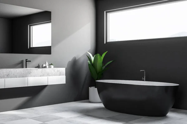 Luxury Bathroom Corner Gray Walls Tiled Floor Black Bathtub Sink — Stock Photo, Image