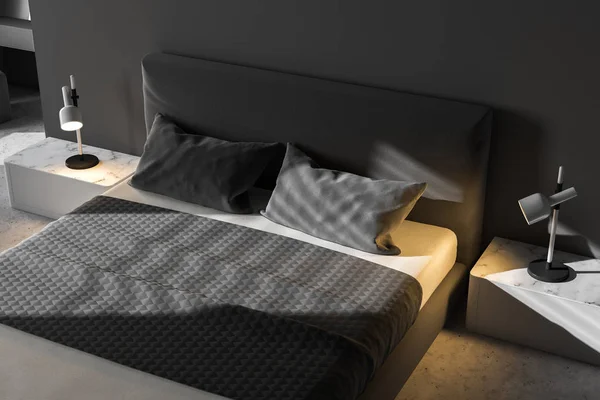 Minimalistische Schlafzimmerecke Mit Grauen Wänden Einem Betonboden Und Einem King — Stockfoto