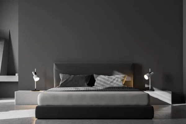 Luxury Bedroom Interior Gray Walls Concrete Floor King Size Bed — Stock Photo, Image