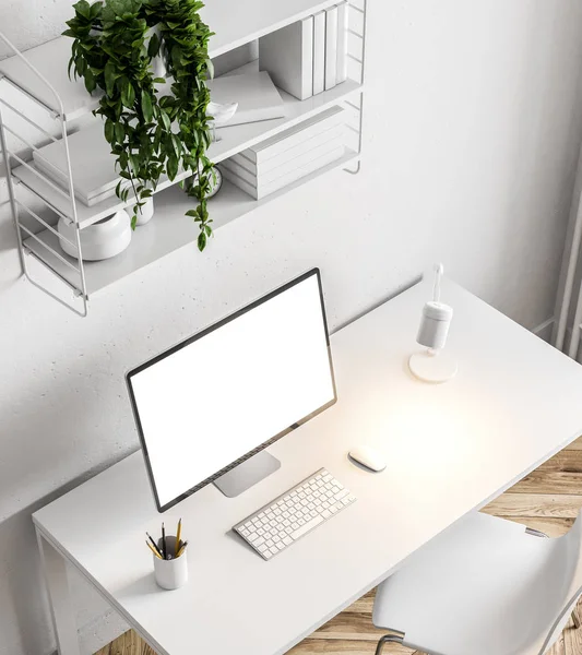 White Home Office Interior Table Blank Computer Screen Standing Hipster — Stock Photo, Image