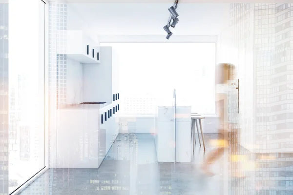 妇女在阁楼厨房内部与白色墙壁 混凝土地板 白色酒吧和工作台与内置的用具 侧面视图 渲染模拟色调图像双曝光模糊 — 图库照片