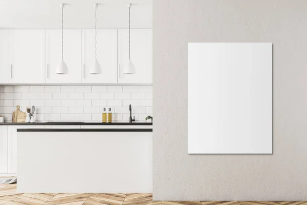 白色斯堪的纳维亚风格的厨房内饰白色墙壁 木地板 白色台面和橱柜和酒吧 垂直海报 渲染模拟 — 图库照片