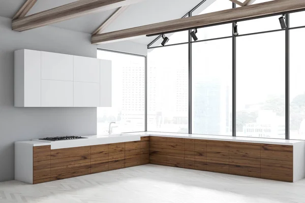 白色和灰色厨房角落与白色木地板 木台面和全景窗口 渲染模拟 — 图库照片