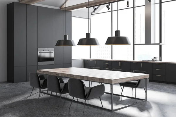 Panoramic Kitchen Corner Gray Countertops Cooker Concrete Floor Long Wooden — Stock Photo, Image
