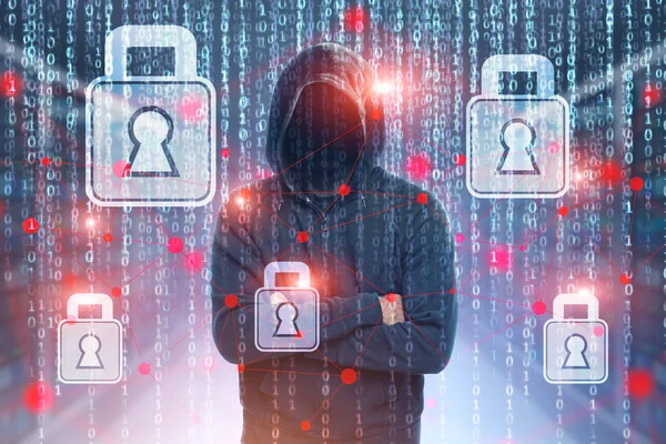 Hacker hoodie ayakta parlayan ikili rakamlar karşı. Arka plan bulanık. Asma kilit ağ hologramlar. Internet güvenlik sürükleyici arayüzü ve kişisel veri. Çift Pozlama tonlu görüntü kadar sahte