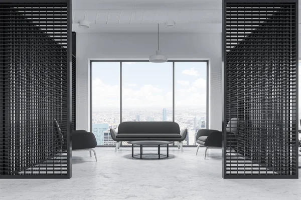 Siyah bir kanepe ve koltuklar yakınındaki bir beton zemin üzerinde bir sehpa duran ile çatı windows ofis bekleme odası iç. Beyaz duvarlar. 3D render alay