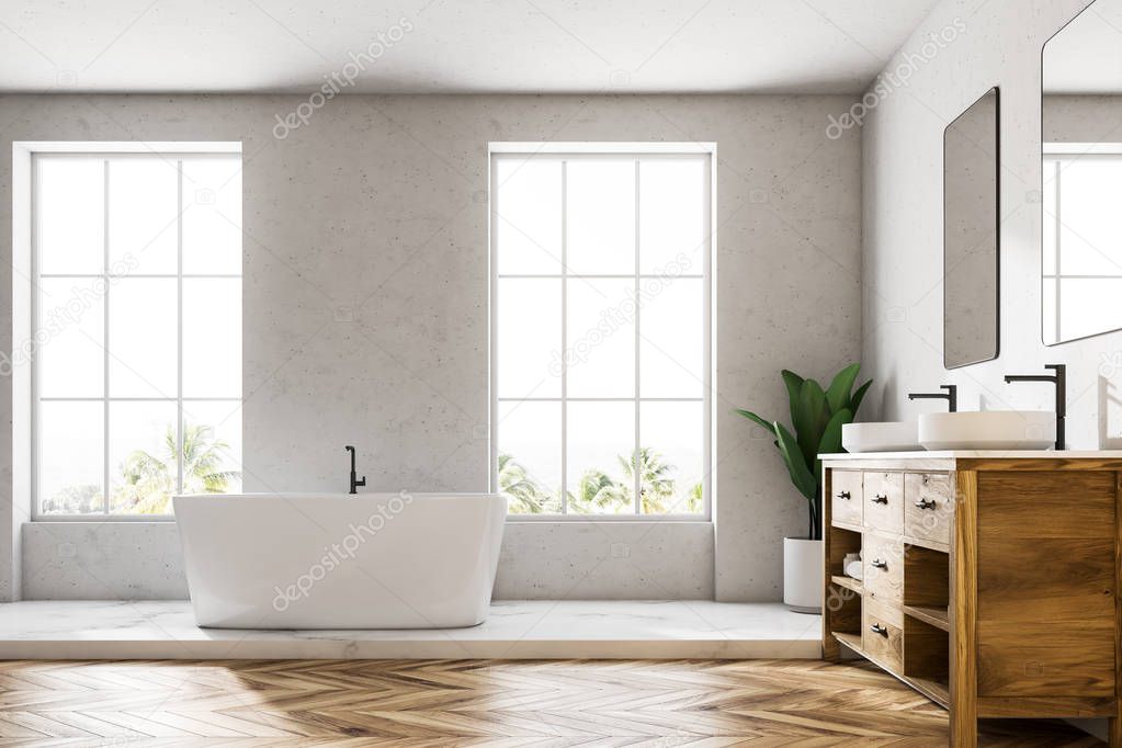 White luxury bathroom interior with a wooden floor, a white bathtub and a double sink near the loft window. Close up. 3d rendering mock up