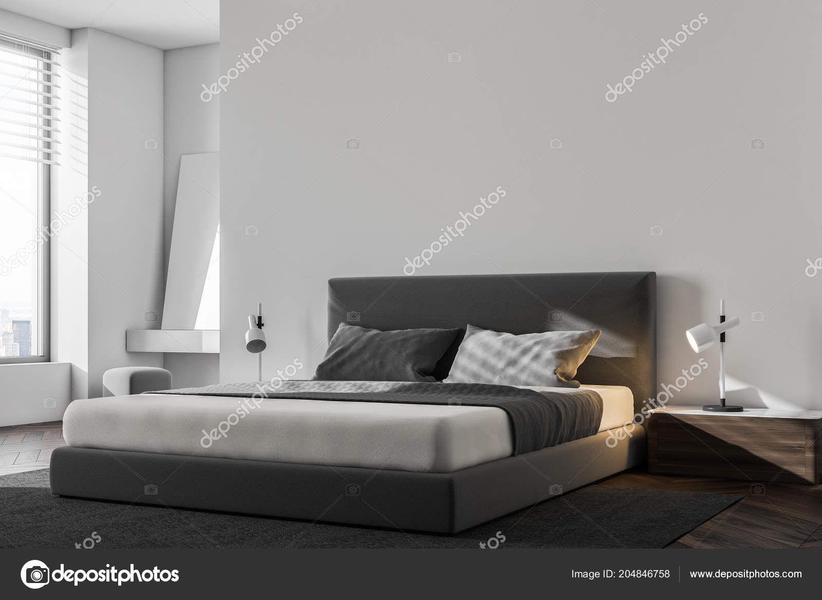 Luxury Bedroom Corner White Walls Wooden Floor King Size Bed