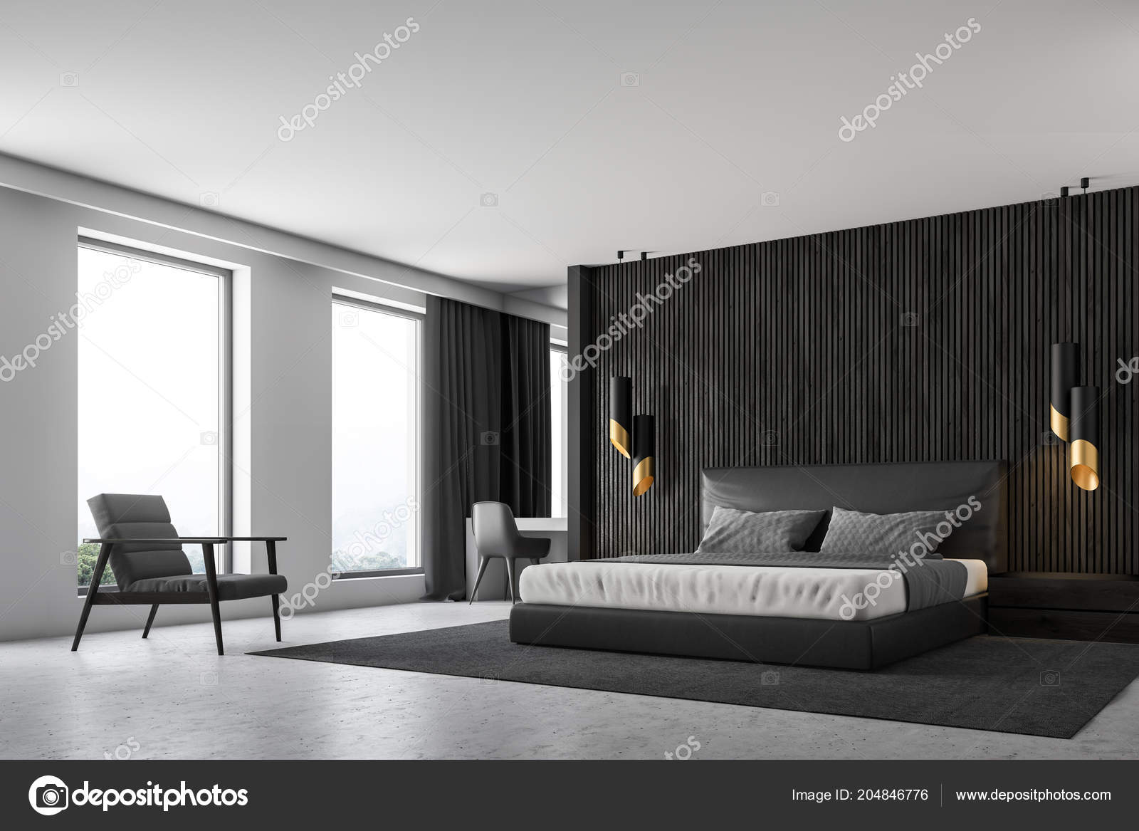 Black Wood Walls Master Bedroom Interior Concrete Floor Loft