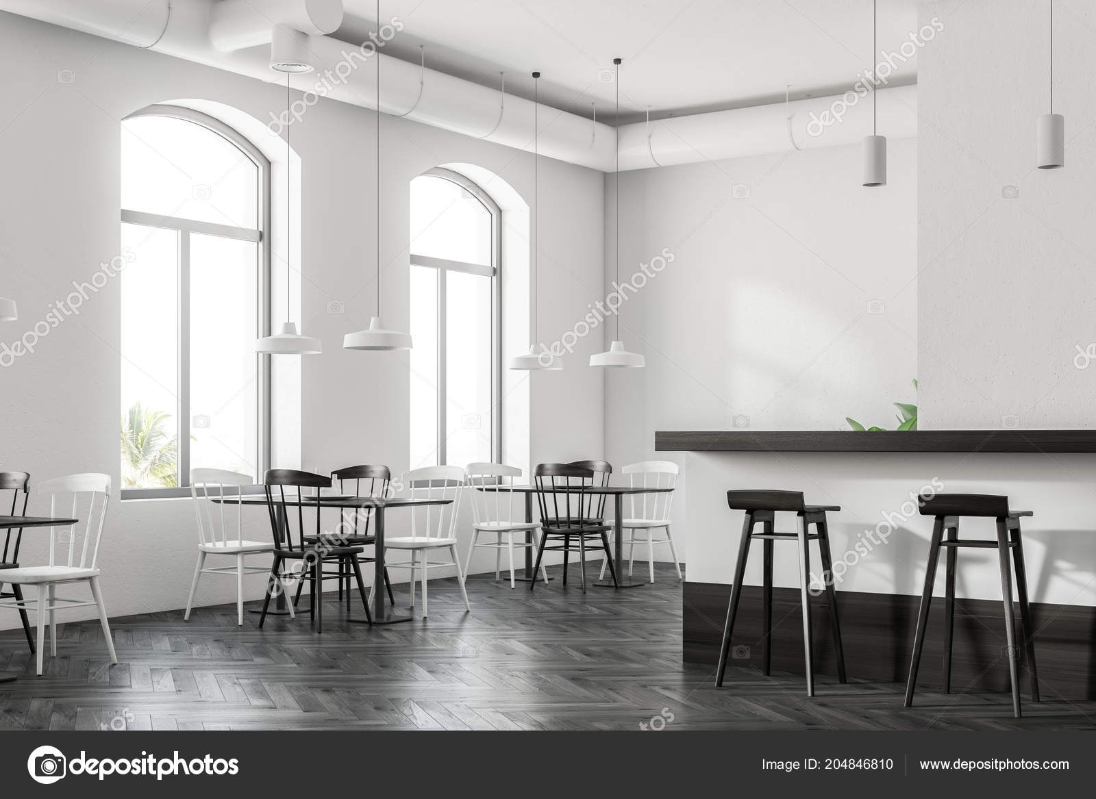 Arched Windows Cafe Interior Dark Wood Floor White Walls White