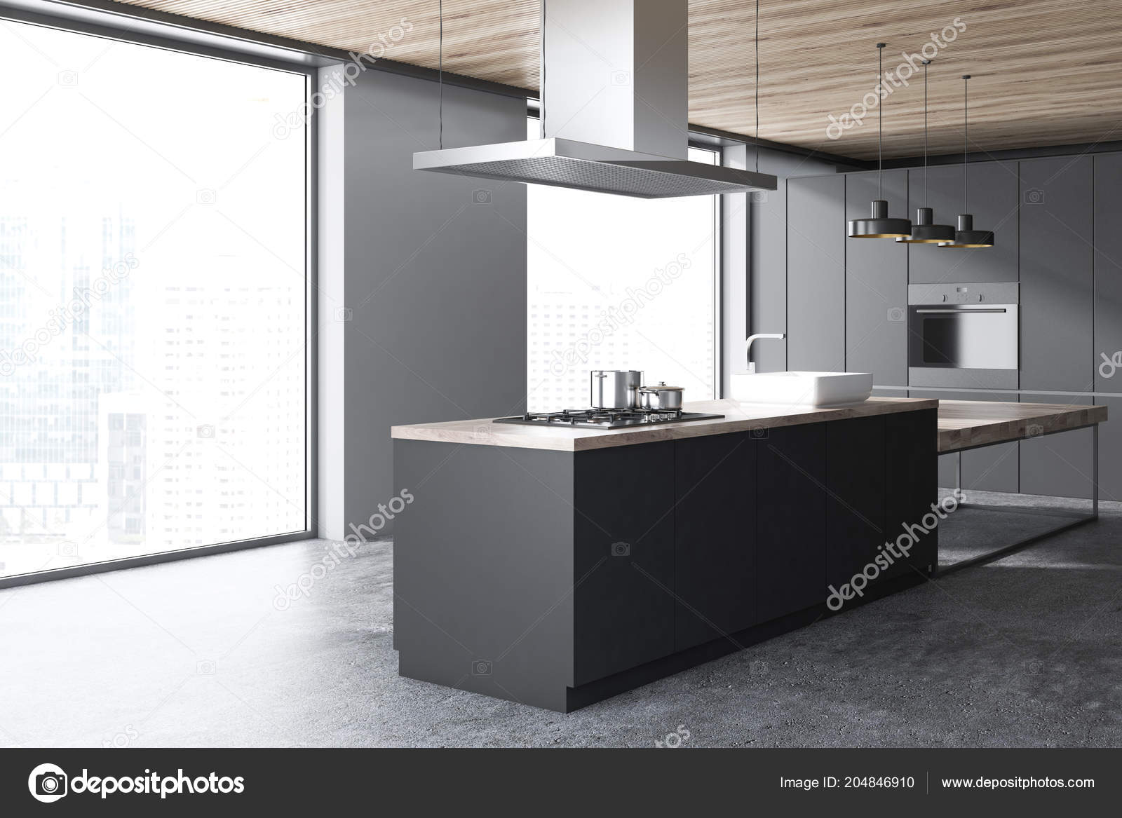 Dark Gray Kitchen Corner Concrete Floor White Bar Gray Countertops