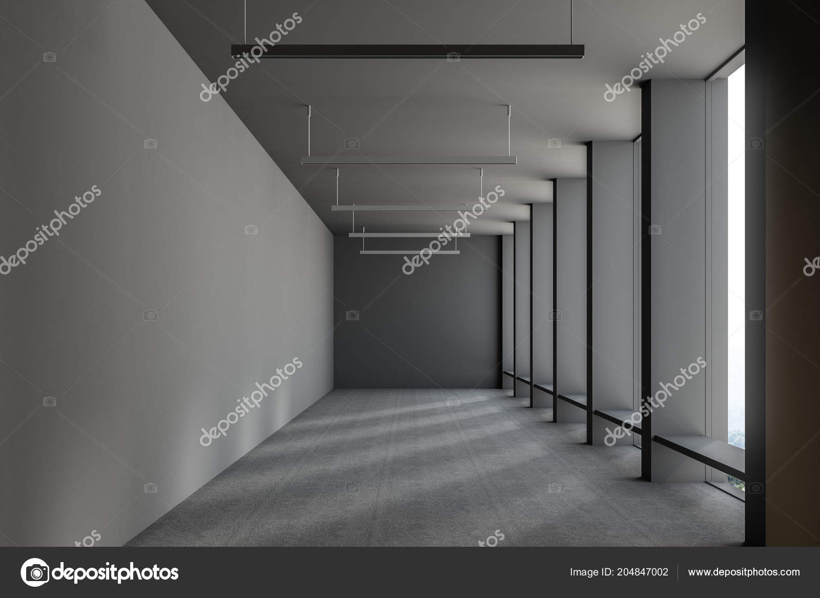 Gray Empty Office Corridor Loft Windows Gray Floor Row
