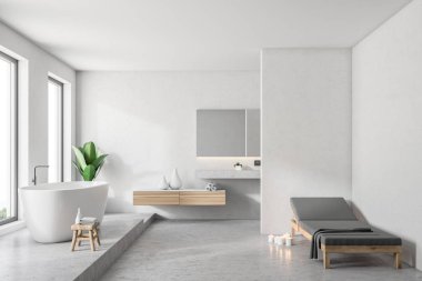 Beyaz duvar banyo iç bir beton zemin, çatı windows, beyaz bir küvet ve lavabo ile. Köşede bir Bank. 3D render alay