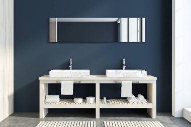 Koyu mavi lüks banyo iç bir beton zemin ve Çift Kişilik gemi lavabo ve uzun dar bir ayna üstünde asılı. 3D render