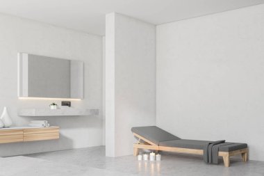 Beyaz duvar banyo iç bir beton zemin, çatı pencereleri ve lavabo. Köşede bir Bank. 3D render alay