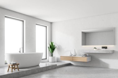 Beyaz duvar banyo köşe bir beton zemin, çatı windows, beyaz bir küvet ve lavabo ile. Köşede bir Bank. 3D render alay