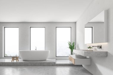 Beyaz duvar banyo iç bir beton zemin, çatı windows, beyaz bir küvet ve lavabo ile. 3D render alay