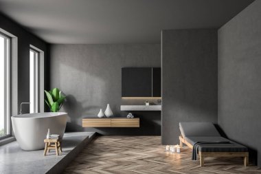 Gri duvar banyo iç ahşap zemin, çatı windows, beyaz bir küvet ve lavabo ile. Köşede bir Bank. 3D render alay