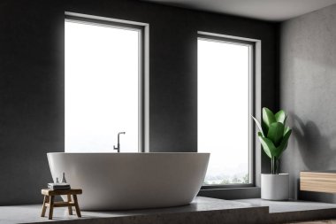 Gri duvarlar, beton zemin, çatı pencereleri ve beyaz bir küvet ile minimalist banyo iç. Bir yan görünümü 3d render alay