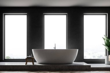 Gri duvarlar, beton zemin, çatı pencereleri ve beyaz bir küvet ile minimalist banyo iç. 3D render alay