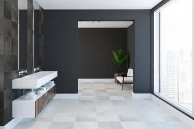 Yukarıda asılı iki dikey aynalar ile bir siyah kiremit banyo duvarına bitişik bir beyaz ve ahşap çift lavabo vanity birim yan görünüm. Kavramı bir rahat ev ve gevşeme. 3D render