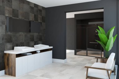 Beyaz ve ahşap çift lavabo vanity birim üstünde asılı iki dikey aynalar ile bir siyah kiremit banyo duvarına bitişik. Bir kanepe. 3D render alay