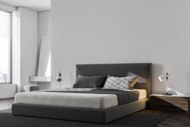 Lüks yatak odası beyaz duvarlar, ahşap zemin ve king size Yataklı Köşe. İskandinav tarzı. 3D render sahte kadar yakın çekim