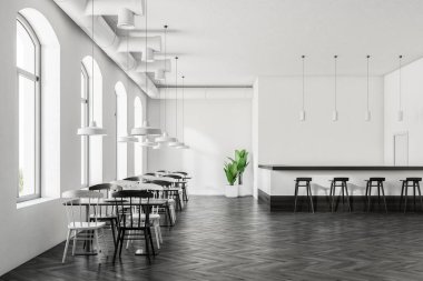 Kemerli windows kafe iç karanlık bir ahşap zemin, beyaz duvarlar ve sandalye ile beyaz tablolar. 3D render alay