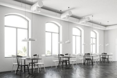 Kemerli windows kahvehane iç karanlık bir ahşap zemin, beyaz duvarlar ve sandalye ile beyaz tablolar. Bir yan görünümü 3d render alay