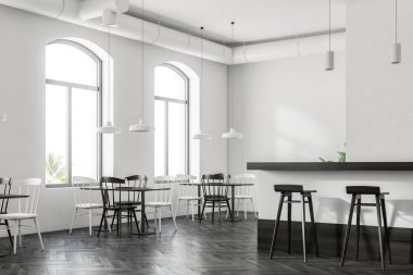 Kemerli windows kafe iç karanlık bir ahşap zemin, beyaz duvarlar ve sandalye ile beyaz tablolar. Bir yan görünümü 3d render alay