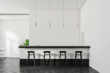 Karanlık bir ahşap zemin, beyaz duvarlar ve dışkı olan beyaz çubuk ile minimalist kafe iç. 3D render alay