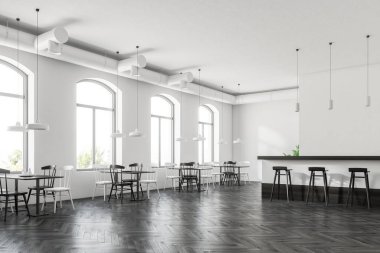 Kemerli windows pub iç karanlık bir ahşap zemin, beyaz duvarlar ve sandalye ile beyaz tablolar. Bir yan görünümü 3d render alay