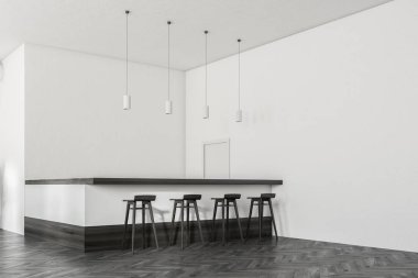 Karanlık bir ahşap zemin, beyaz duvarlar ve dışkı olan beyaz çubuk ile minimalist café köşesi. 3D render alay