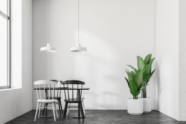 Kemerli windows aile Cafe iç karanlık bir ahşap zemin, beyaz duvarlar ve sandalye ile beyaz tablolar. 3D render alay