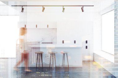 Çatı katı mutfak iç beyaz duvarlar, beton zemin, beyaz bar ve mutfak tezgahı ile ile kadında aletleri inşa. 3D render sahte tonlu görüntü çift pozlama kadar bulanık