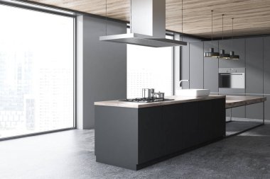 Bir beton zemin, beyaz bir bar ve ile gri mutfak tezgahı ile koyu gri mutfak köşe aletleri inşa. Ahşap tavan. 3D render alay