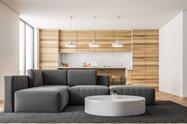 Ahşap mutfak iç bir bar ve çatı windows. Gri bir kanepe ve ön planda yuvarlak sehpa ile bir oturma odası. 3D render alay