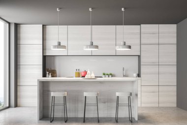 Mutfak iç bir çizgiyle gri ve windows çatı. Bir beton zemin ve gri duvarlar. 3D render alay