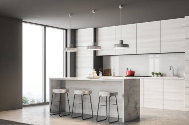 Gray kitchen corner with a bar and loft windows. A concrete floor and gray walls. 3d rendering mock up