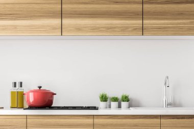 Ahşap mutfak tezgahı ile yapılı içinde bir Ocak, bir pot ve küçük bitkiler. Zeytin yağı. Evde yemek ve aile değerleri kavramı. 3D render alay